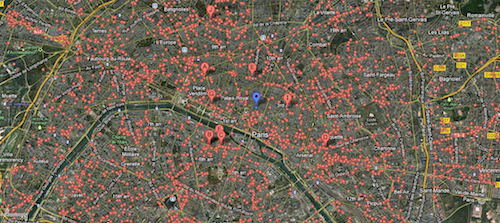 Google maps search result for "cafés in Paris"